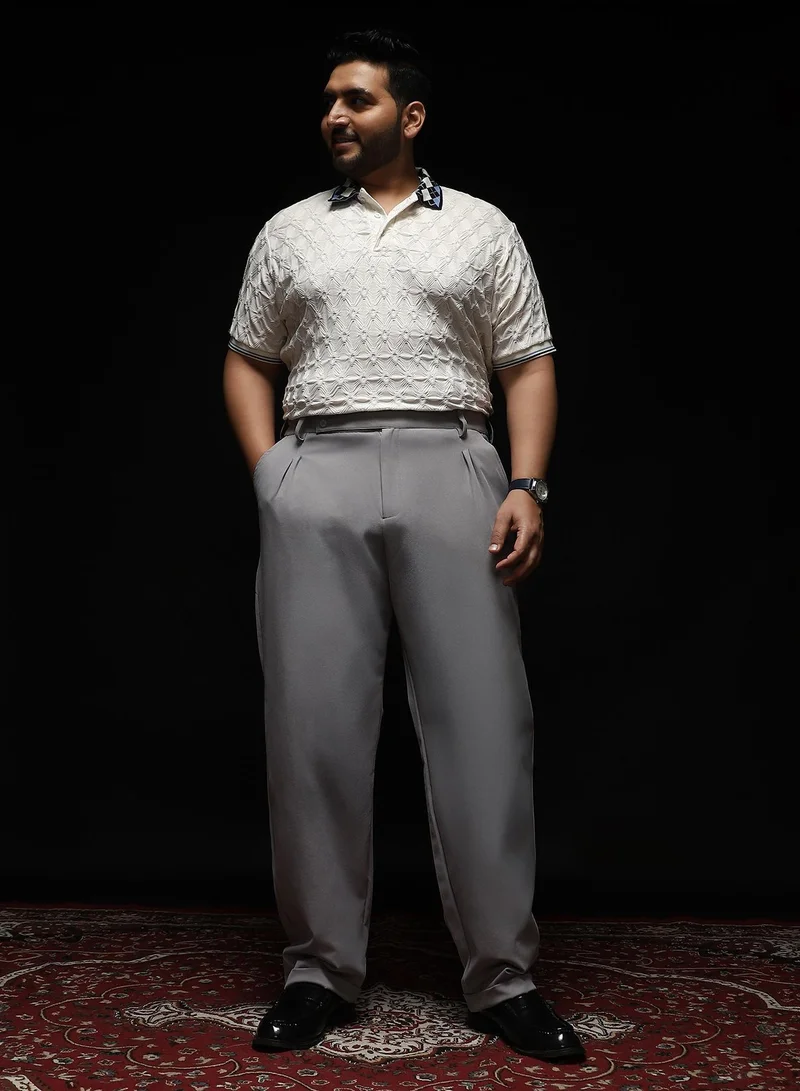 Instafab Plus Instafab Plus Men's Cloud Grey Extended-Waistband Straight Trousers | Mid-Rise , Straight Hem , Button Closure | Solid Plain Polyester Blend Material For Formal & Office Wear