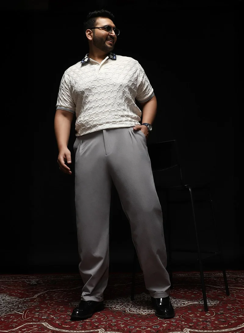 Instafab Plus Instafab Plus Men's Cloud Grey Extended-Waistband Straight Trousers | Mid-Rise , Straight Hem , Button Closure | Solid Plain Polyester Blend Material For Formal & Office Wear