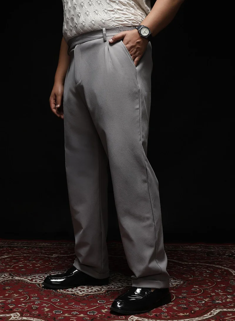 Instafab Plus Instafab Plus Men's Cloud Grey Extended-Waistband Straight Trousers | Mid-Rise , Straight Hem , Button Closure | Solid Plain Polyester Blend Material For Formal & Office Wear