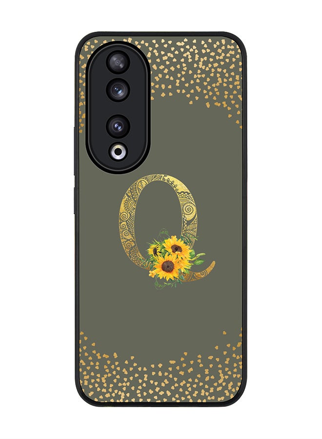 Stylizedd Rugged Black edge case for Honor 90 5G, Slim fit Flexible Thin Cover - Custom Monogram Initial Letter Floral Pattern Alphabet - Q  (Olive Green ) - Image 1