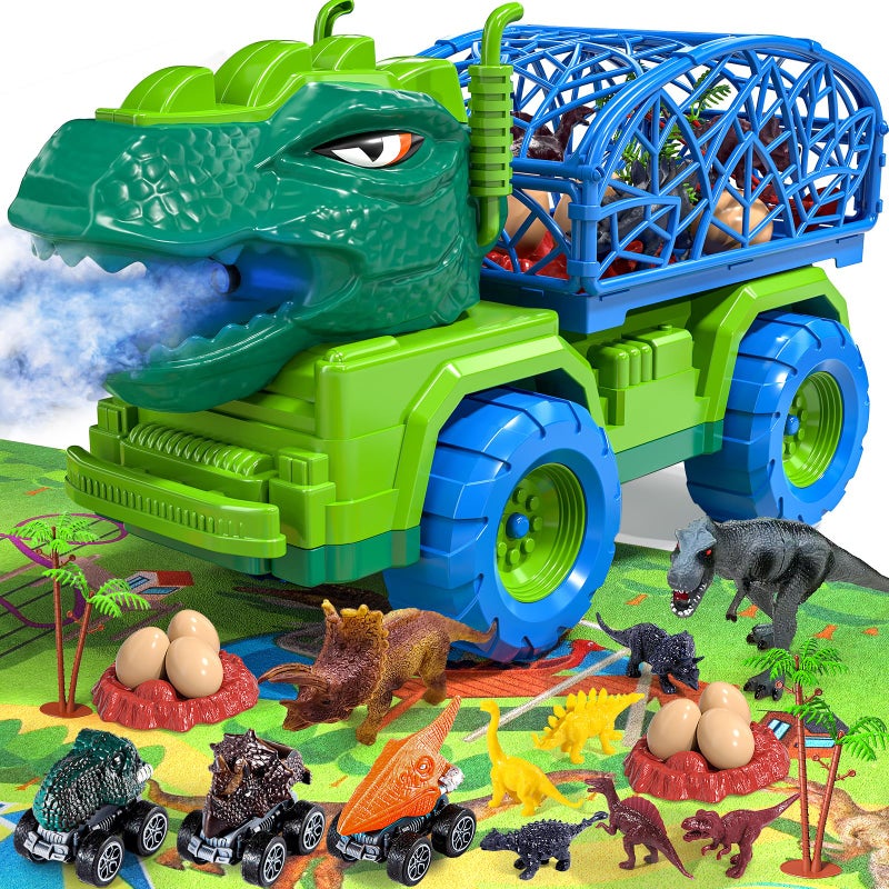 TEMI Dinosaur Truck Toys for Kids 35 Tyrannosaurus Transport Car Carrier Truck with Spray 8 Dinosaur Figures 3 Cars and 6 Eggs Gifts for Boys and Girls 3 4 5 6 7 - Image 3