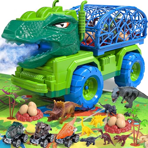 TEMI Dinosaur Truck Toys for Kids 35 Tyrannosaurus Transport Car Carrier Truck with Spray 8 Dinosaur Figures 3 Cars and 6 Eggs Gifts for Boys and Girls 3 4 5 6 7 - Image 1