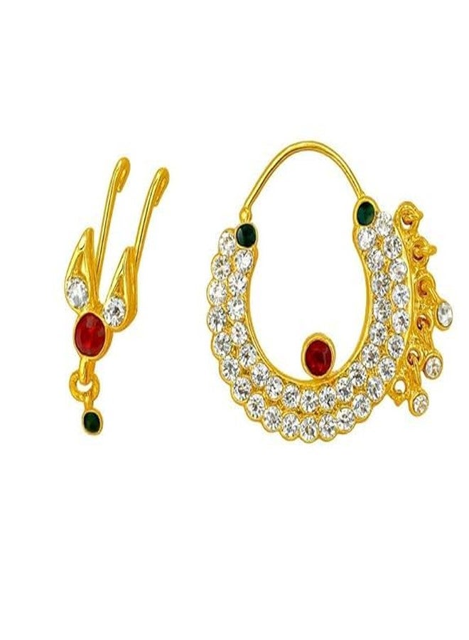 PADMAVATHI ENTERPRISES Big Gold-Plated 4 cm Nose Pin | Designer Nath with Stones | Perfect for Bridal & Dance Wear - 4 cm VERY BIG NOSE PIN