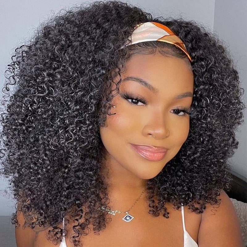 ISEE Hair Afro Kinky Curly Headband Wig Human Hair 180 Density Afro Wigs for Black Women Natural Curls 10A Glueless Human Hair Wigs 18 Inch