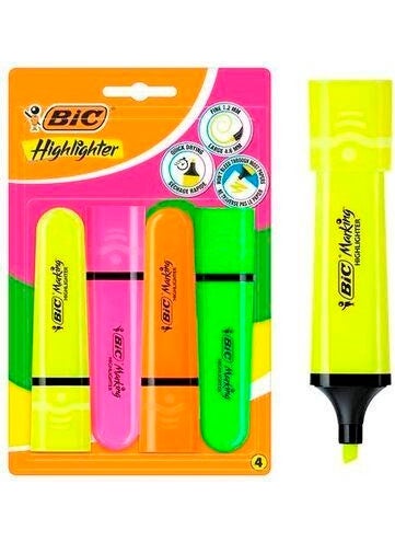 Bic Marking Flat Highlighter 4-Piece Blister Vibrant Colors 