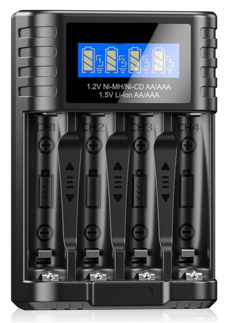 Generic - Universal 1.5V Battery Charger, 4 Bay LCD Smart Independent Charger, for 1.5V Lithium Ion Rechargeable Batteries AA AAA and 1.2V Ni-MH/Ni-CD AA AAA Rechargeable Batteries, Large LCD Screen - Image 1