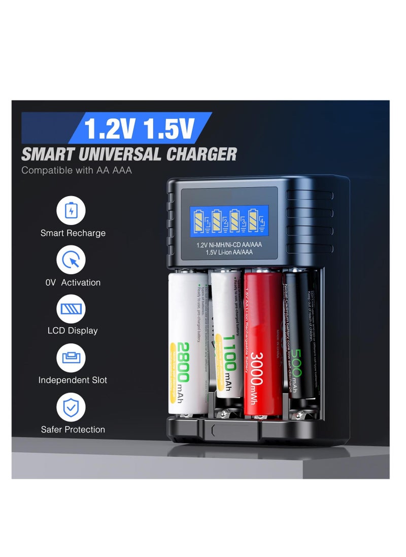 Generic - Universal 1.5V Battery Charger, 4 Bay LCD Smart Independent Charger, for 1.5V Lithium Ion Rechargeable Batteries AA AAA and 1.2V Ni-MH/Ni-CD AA AAA Rechargeable Batteries, Large LCD Screen - Image 1