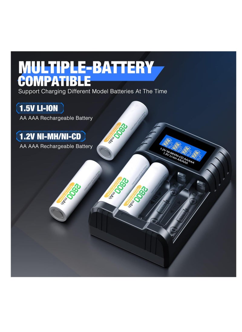 Generic - Universal 1.5V Battery Charger, 4 Bay LCD Smart Independent Charger, for 1.5V Lithium Ion Rechargeable Batteries AA AAA and 1.2V Ni-MH/Ni-CD AA AAA Rechargeable Batteries, Large LCD Screen - Image 1
