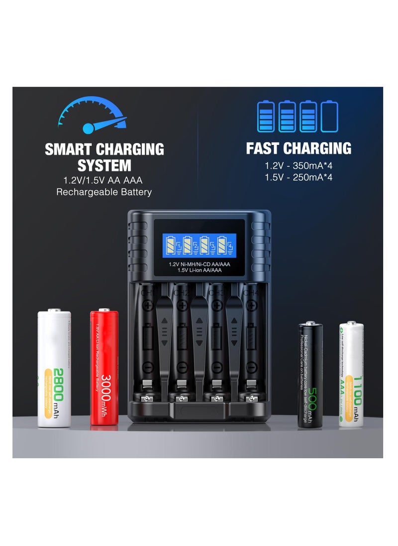 Generic - Universal 1.5V Battery Charger, 4 Bay LCD Smart Independent Charger, for 1.5V Lithium Ion Rechargeable Batteries AA AAA and 1.2V Ni-MH/Ni-CD AA AAA Rechargeable Batteries, Large LCD Screen - Image 1