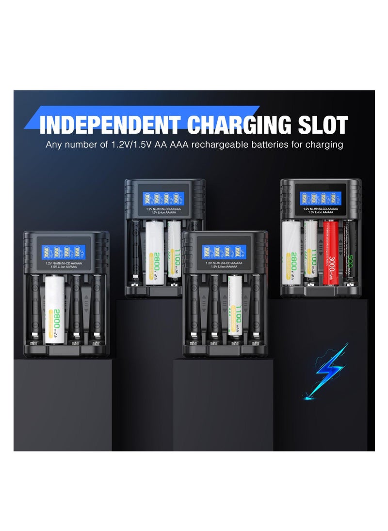 Generic - Universal 1.5V Battery Charger, 4 Bay LCD Smart Independent Charger, for 1.5V Lithium Ion Rechargeable Batteries AA AAA and 1.2V Ni-MH/Ni-CD AA AAA Rechargeable Batteries, Large LCD Screen - Image 1