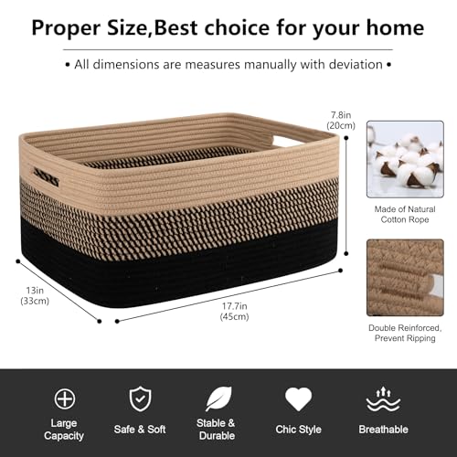 OIASKET Large Storage Basket for Organizing Woven Rope Basket for Shelves Closet Organizer Bins for Clothes Blanket Toys Baby Nursery Storage 177 x 13 x 787 2 Packs Black Brown - Image 3