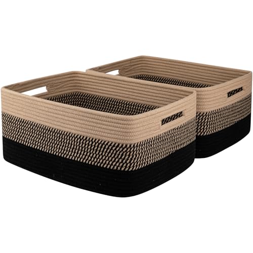OIASKET Large Storage Basket for Organizing Woven Rope Basket for Shelves Closet Organizer Bins for Clothes Blanket Toys Baby Nursery Storage 177 x 13 x 787 2 Packs Black Brown - Image 1