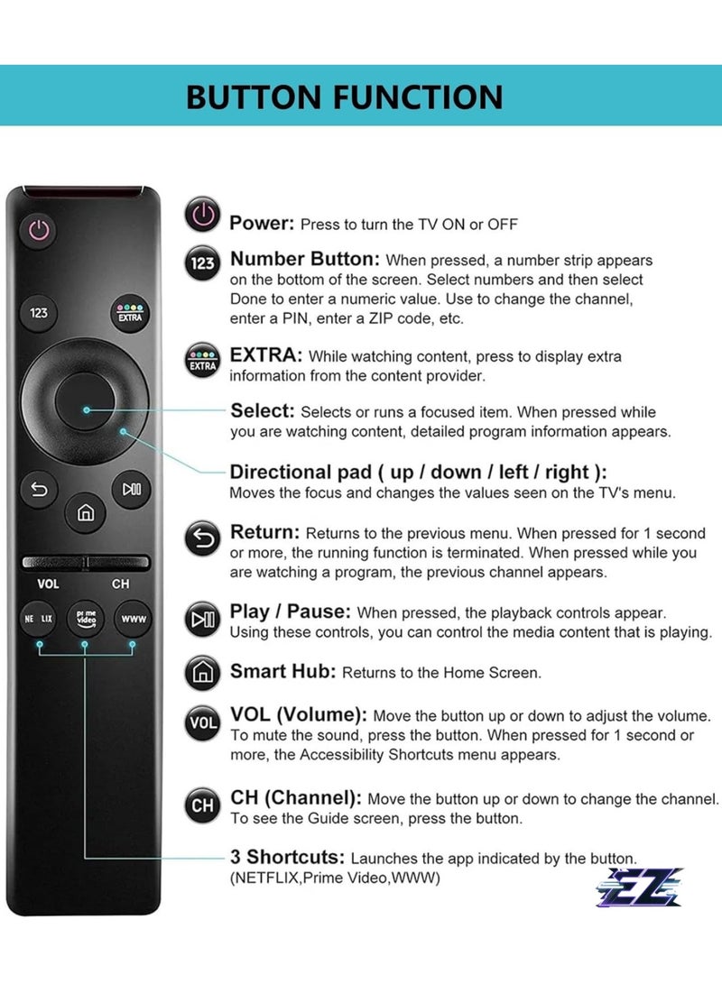 ELTRAZONE Universal Remote Control Compatible with All Samsung LED QLED UHD SUHD HDR LCD Curved Frame Solar Powered HDTV 4K 8K 3D TV with Netflix Prime Video WWW Buttons with battery - Image 2