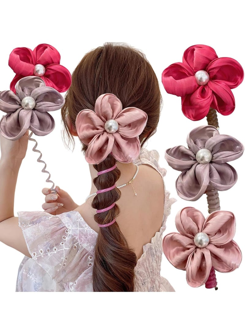 SOLARAE Colorful Pearl Flower Telephone Wire Hair Bands, 6 Pcs Braided Telephone Wire Hair Bands, Ponytail Holder Braids Fixed Hair Rope, No Damage Hair Elastics, Spiral Hair Ties No Crease For Women Girls - Image 1