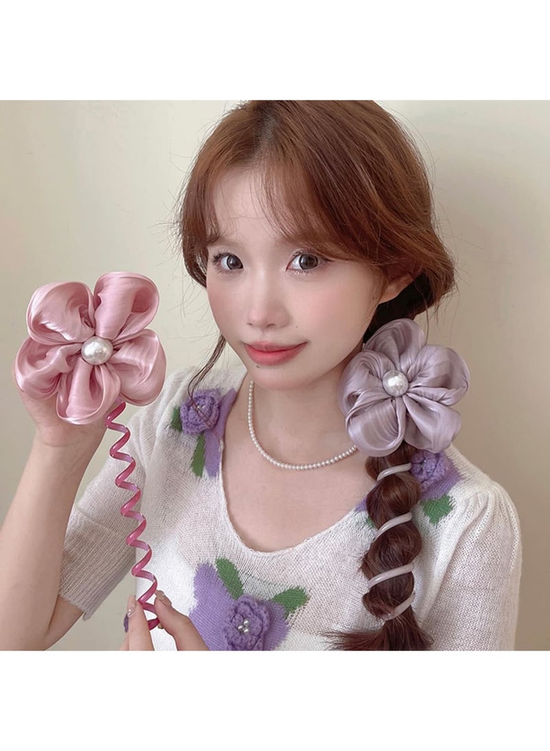 SOLARAE Colorful Pearl Flower Telephone Wire Hair Bands, 6 Pcs Braided Telephone Wire Hair Bands, Ponytail Holder Braids Fixed Hair Rope, No Damage Hair Elastics, Spiral Hair Ties No Crease For Women Girls - Image 2