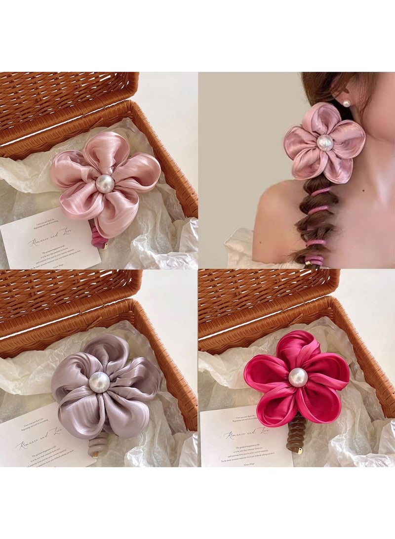 SOLARAE Colorful Pearl Flower Telephone Wire Hair Bands, 6 Pcs Braided Telephone Wire Hair Bands, Ponytail Holder Braids Fixed Hair Rope, No Damage Hair Elastics, Spiral Hair Ties No Crease For Women Girls - Image 5