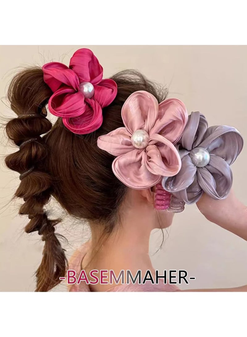 SOLARAE Colorful Pearl Flower Telephone Wire Hair Bands, 6 Pcs Braided Telephone Wire Hair Bands, Ponytail Holder Braids Fixed Hair Rope, No Damage Hair Elastics, Spiral Hair Ties No Crease For Women Girls - Image 3