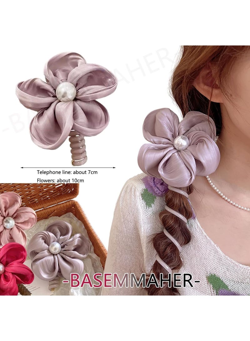 SOLARAE Colorful Pearl Flower Telephone Wire Hair Bands, 6 Pcs Braided Telephone Wire Hair Bands, Ponytail Holder Braids Fixed Hair Rope, No Damage Hair Elastics, Spiral Hair Ties No Crease For Women Girls - Image 4