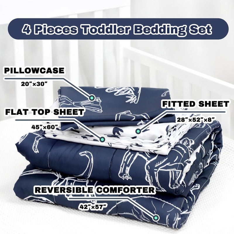 Jundetye 4 Pieces Dinosaur Toddler Bedding Set for Boys Soft Breathable Toddler Comforter Set Dino Print Navy Includes Reversible Comforter White Fitted Sheet and Flat Sheet Pillowcase - Image 5