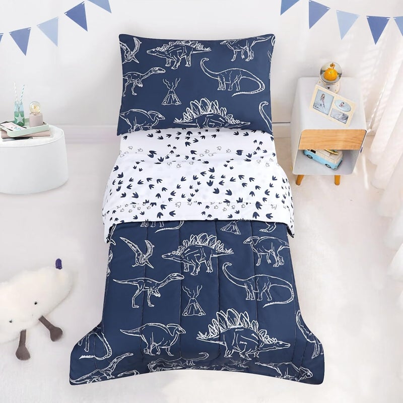 Jundetye 4 Pieces Dinosaur Toddler Bedding Set for Boys Soft Breathable Toddler Comforter Set Dino Print Navy Includes Reversible Comforter White Fitted Sheet and Flat Sheet Pillowcase - Image 1