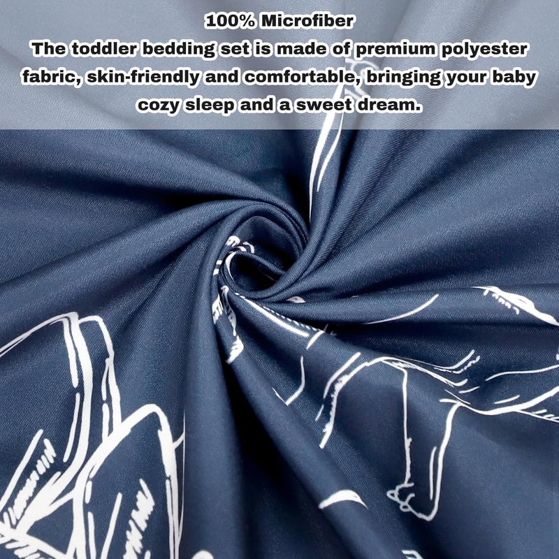 Jundetye 4 Pieces Dinosaur Toddler Bedding Set for Boys Soft Breathable Toddler Comforter Set Dino Print Navy Includes Reversible Comforter White Fitted Sheet and Flat Sheet Pillowcase - Image 2