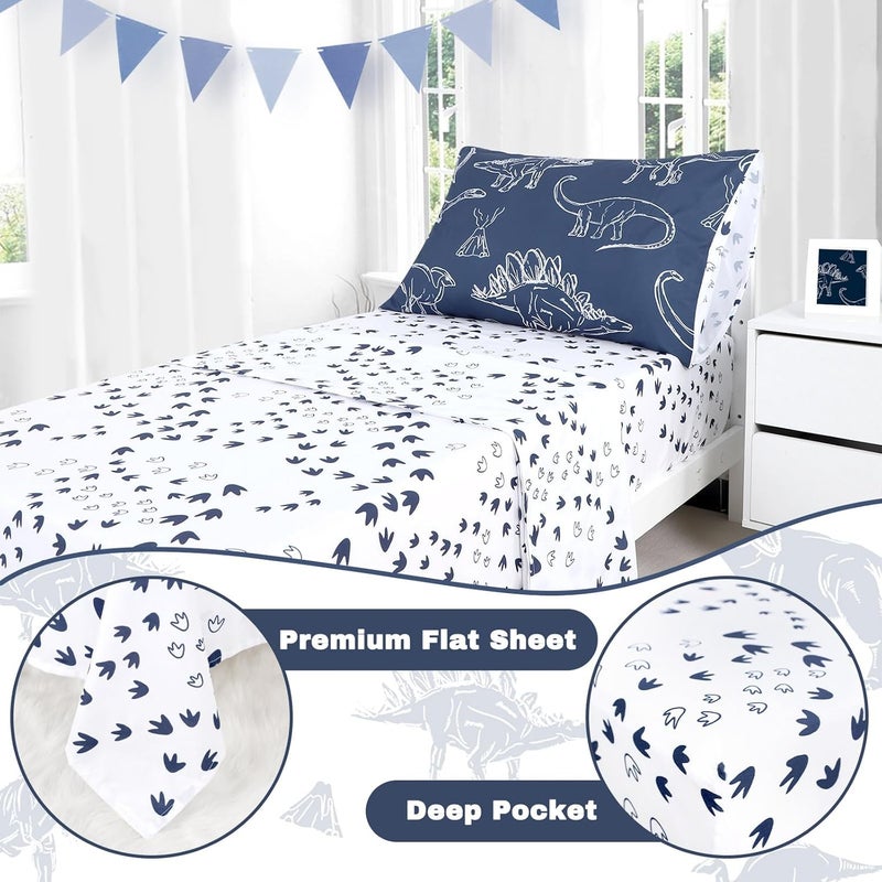Jundetye 4 Pieces Dinosaur Toddler Bedding Set for Boys Soft Breathable Toddler Comforter Set Dino Print Navy Includes Reversible Comforter White Fitted Sheet and Flat Sheet Pillowcase - Image 3