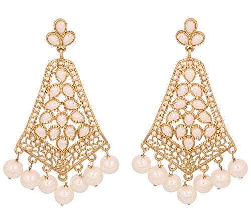 Touchstone Indian Bollywood Traditional Handcrafted Faux Pearls Long Chandelier Designer Crystal Jewelry Colorful Long Earrings Jhumki In Gold Tone For Women. - Image 1