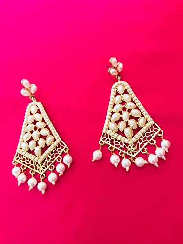 Touchstone Indian Bollywood Traditional Handcrafted Faux Pearls Long Chandelier Designer Crystal Jewelry Colorful Long Earrings Jhumki In Gold Tone For Women. - Image 5