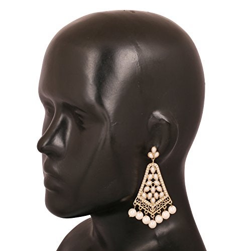 Touchstone Indian Bollywood Traditional Handcrafted Faux Pearls Long Chandelier Designer Crystal Jewelry Colorful Long Earrings Jhumki In Gold Tone For Women. - Image 3