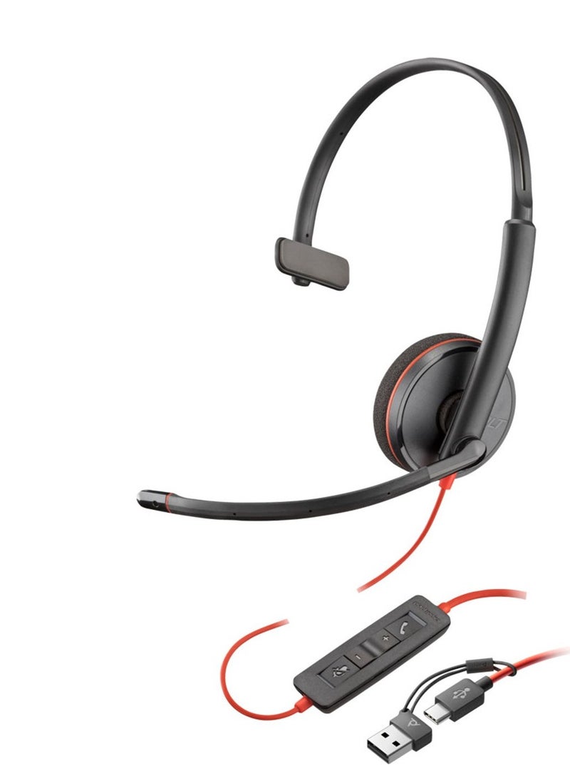 Poly Poly Blackwire 3210 Monaural USB-C Headset, Omnidirectional Boom Mic, Dynamic EQ, USB Type-C/A Adapter, Noise-Canceling, Inline Controls, Leatherette Cushions, PC, Mac, Mobile Compatibility, 64g Lightweight, 154 cm Cable, Sound Guard Acoustic Protection | 8X214A6  - Image 1