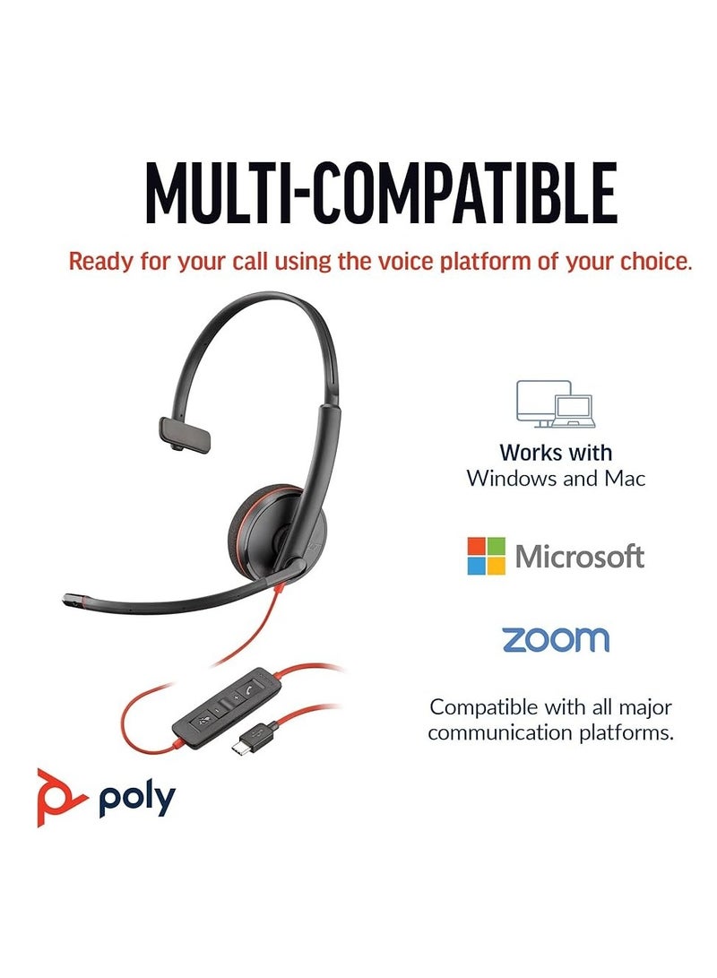 Poly Poly Blackwire 3210 Monaural USB-C Headset, Omnidirectional Boom Mic, Dynamic EQ, USB Type-C/A Adapter, Noise-Canceling, Inline Controls, Leatherette Cushions, PC, Mac, Mobile Compatibility, 64g Lightweight, 154 cm Cable, Sound Guard Acoustic Protection | 8X214A6  - Image 2