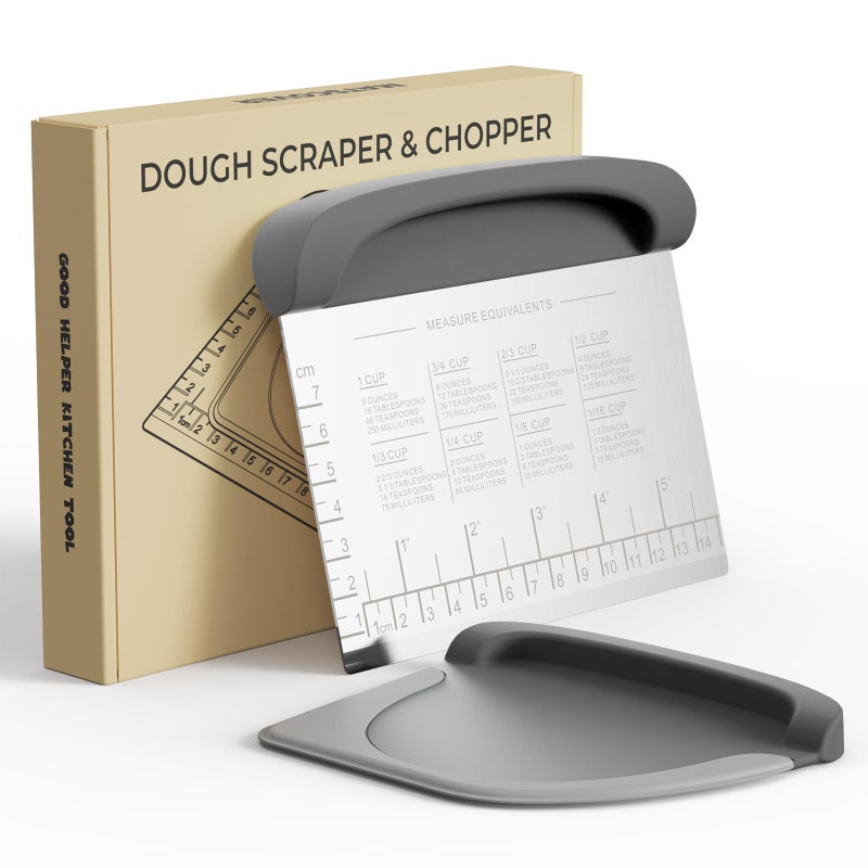 Matscover Bench Scraper Dough Cutter Tool - Bowl Pastry Scraper for Bread Cake Pizza  Bench Knife Kitchen Dough Scraper for Baking  Stainless Steel Food Scraper with Grip Handles & Measuring Scale  Grey  Gray - Image 1