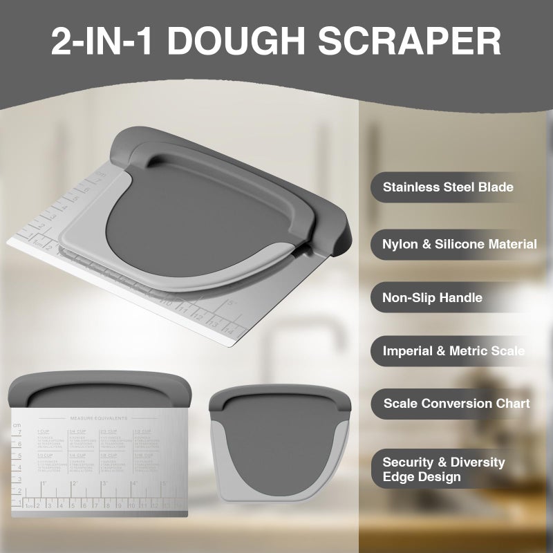 Matscover Bench Scraper Dough Cutter Tool - Bowl Pastry Scraper for Bread Cake Pizza  Bench Knife Kitchen Dough Scraper for Baking  Stainless Steel Food Scraper with Grip Handles & Measuring Scale  Grey  Gray - Image 2