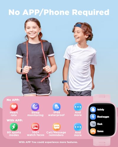 BIGGERFIVE Smart Watch for Kids, 1.8" Fitness Tracker Watch Pedometer, Heart Rate, IP68 Waterproof, Sleep Monitor, Calorie Step Counter, 5 Puzzle Games with/Without APP for Girls Teens 5-16 - Image 2