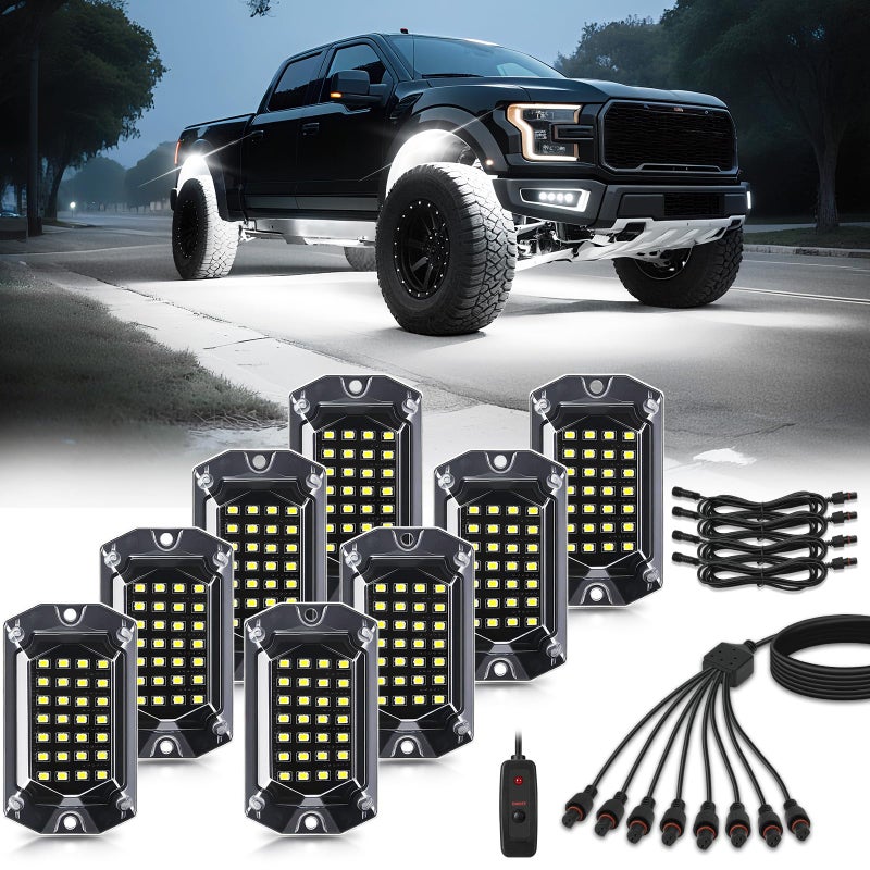 TDE Explorer.Lighting 8 Pods Full Angle Pure White LED Rock Lights for Jeeps Truck Golf Cart ATV UTV RZR SUV Offroad Pickup, 6500K Super Bright Waterproof White Underglow Kit with Switch Wiring Harness Extension Wires - Image 1