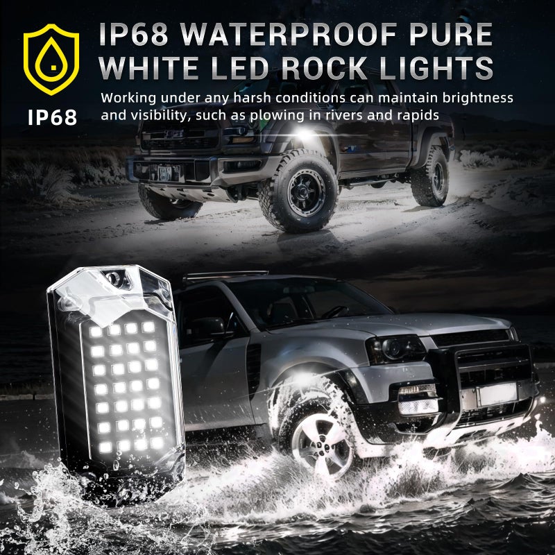 TDE Explorer.Lighting 8 Pods Full Angle Pure White LED Rock Lights for Jeeps Truck Golf Cart ATV UTV RZR SUV Offroad Pickup, 6500K Super Bright Waterproof White Underglow Kit with Switch Wiring Harness Extension Wires - Image 4