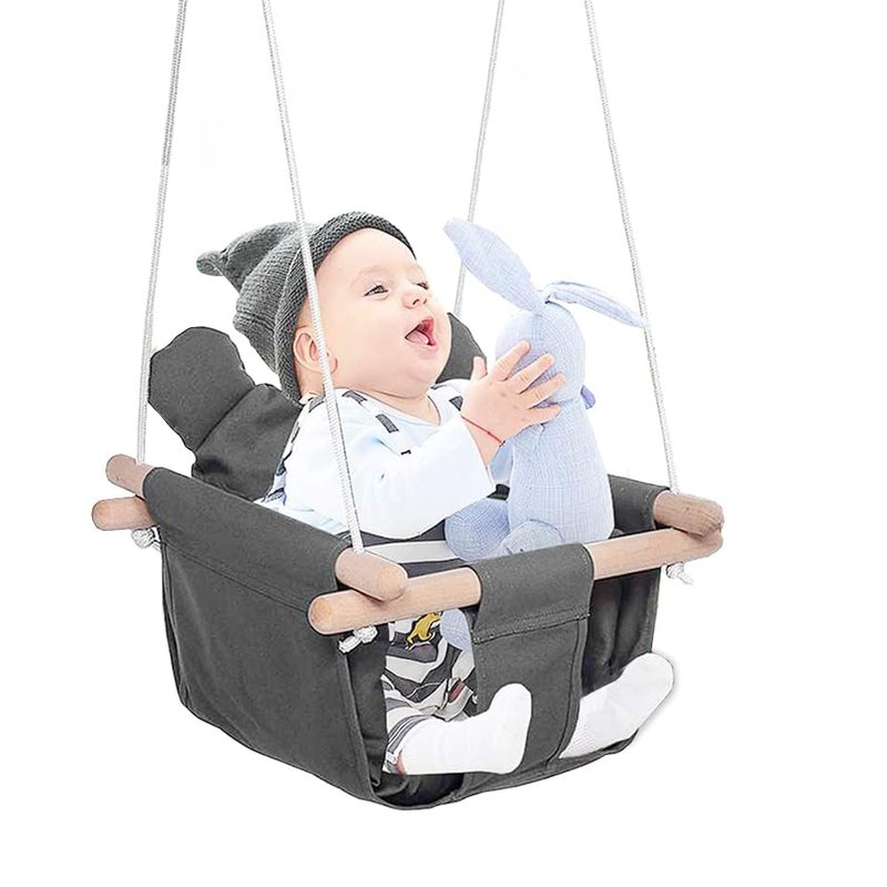 LOOKMINT Baby Swing Seat Secure Canvas and Wooden Hanging Swing Chair for Baby Infant Toddler Kids Toys Indoor and Temporary Outdoor Hammock for Indoor Playground Tree Swings or Backyard Grey - Image 1