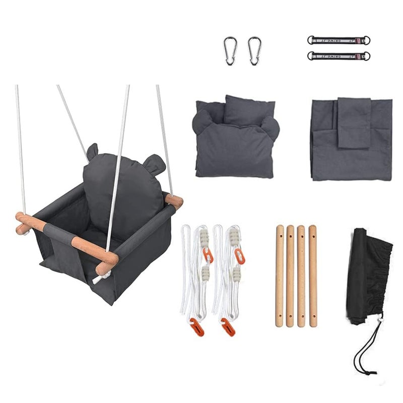 LOOKMINT Baby Swing Seat Secure Canvas and Wooden Hanging Swing Chair for Baby Infant Toddler Kids Toys Indoor and Temporary Outdoor Hammock for Indoor Playground Tree Swings or Backyard Grey - Image 3