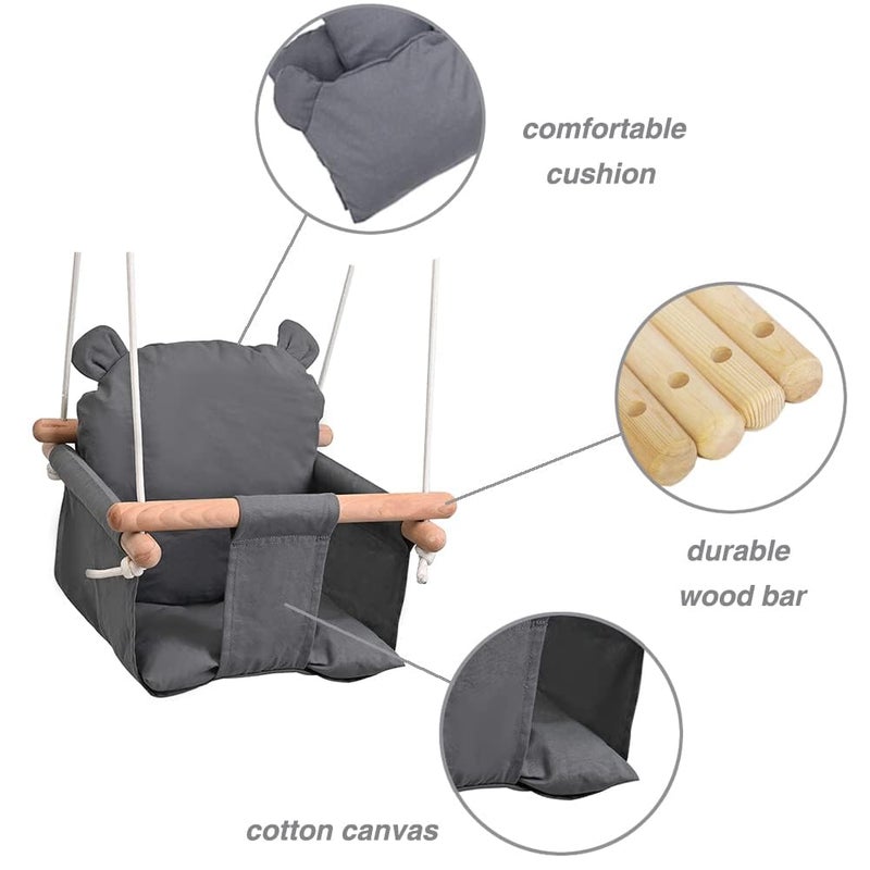 LOOKMINT Baby Swing Seat Secure Canvas and Wooden Hanging Swing Chair for Baby Infant Toddler Kids Toys Indoor and Temporary Outdoor Hammock for Indoor Playground Tree Swings or Backyard Grey - Image 2