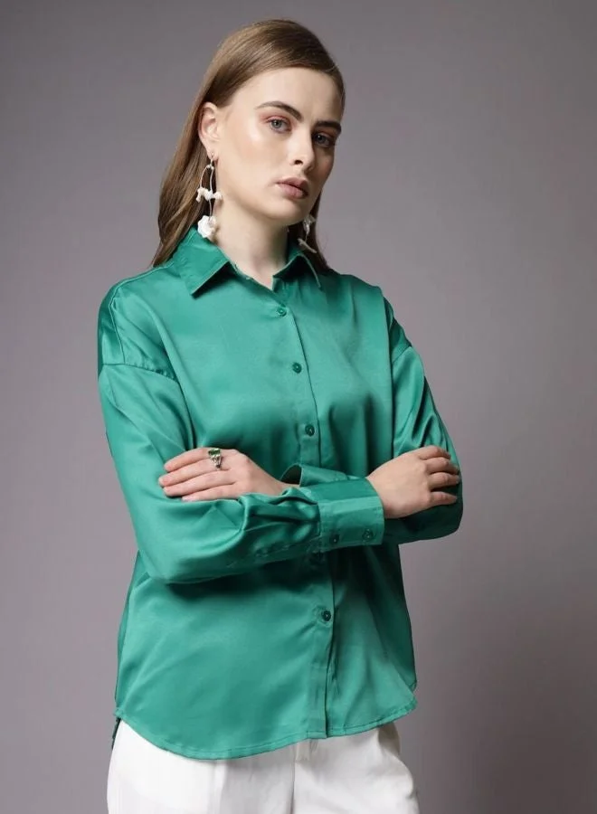 مرفوعة Women Relaxed Fit Solid Shirt Collar Long Sleeve Oversized Shirt