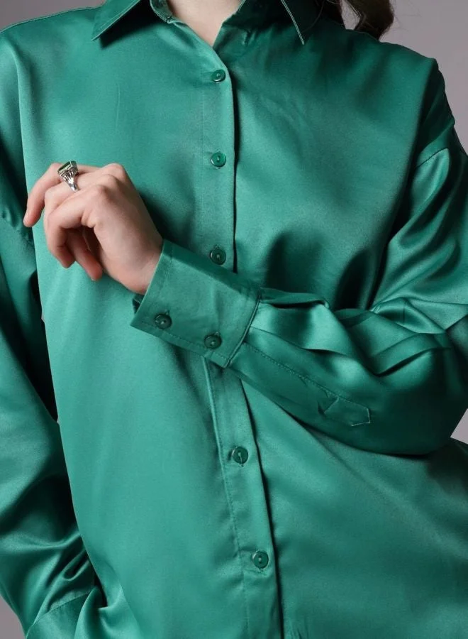مرفوعة Women Relaxed Fit Solid Shirt Collar Long Sleeve Oversized Shirt