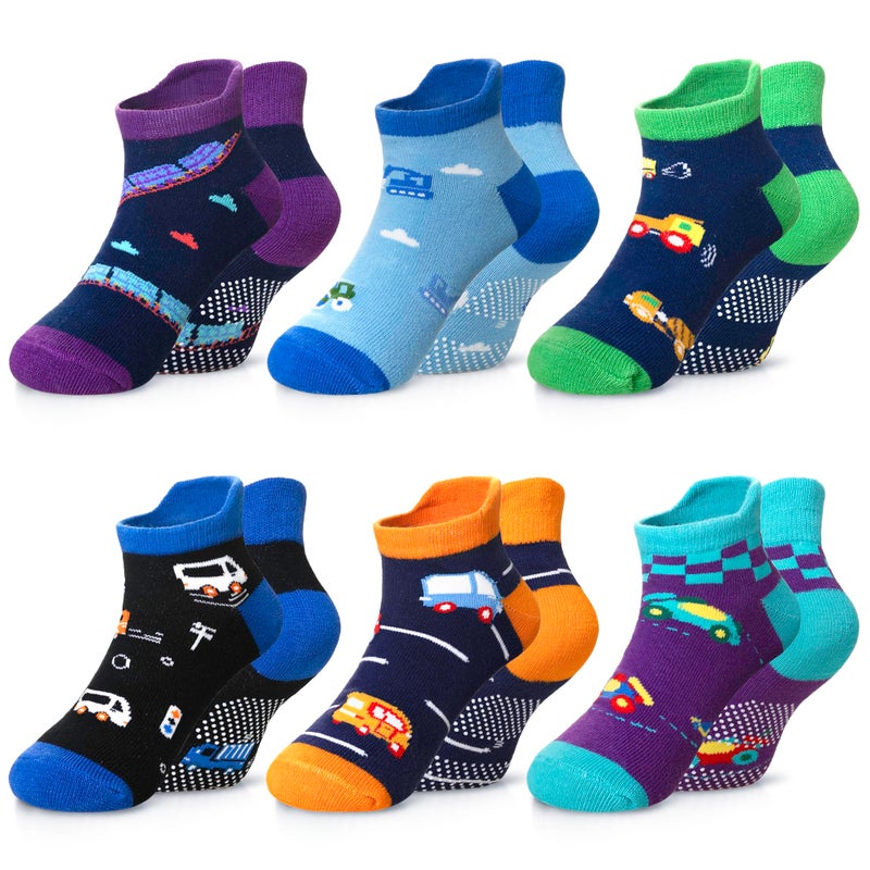 Eyean Kids Ankle Cotton Socks Cute Animal Pattern Soft Non Slip Boys Girls No Show Socks 6 Pairs (Non Slip-Car, 6-8 Years) - Image 1