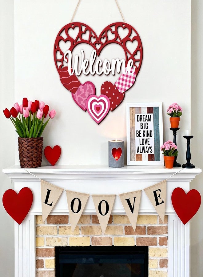 Yewfold Valentines Day Wreath, Wooden Love Red Pink Heart Valentines Day Decor, Valentine Welcome Sign for Valentine Day Tree, Door, Wall, Party Supplies (Hollow Heart) - Image 4