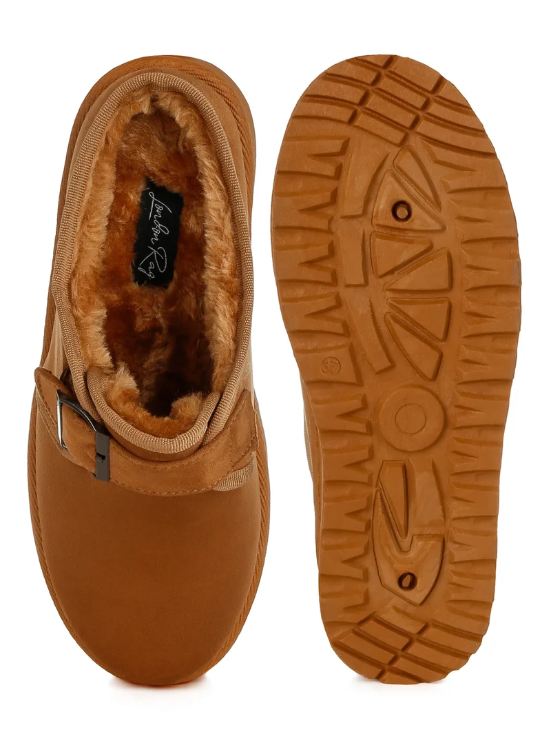 London Rag Buckle Strap Fur Platform Classic Slip-On in Tan