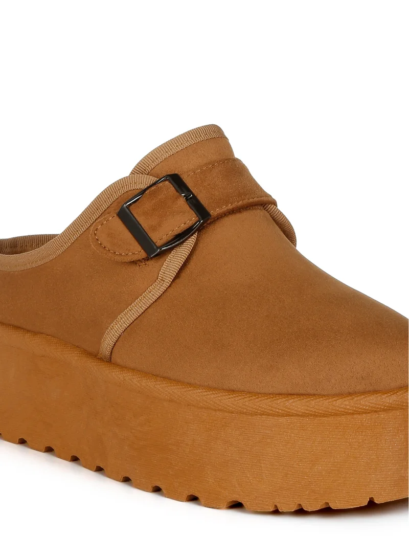 London Rag Buckle Strap Fur Platform Classic Slip-On in Tan