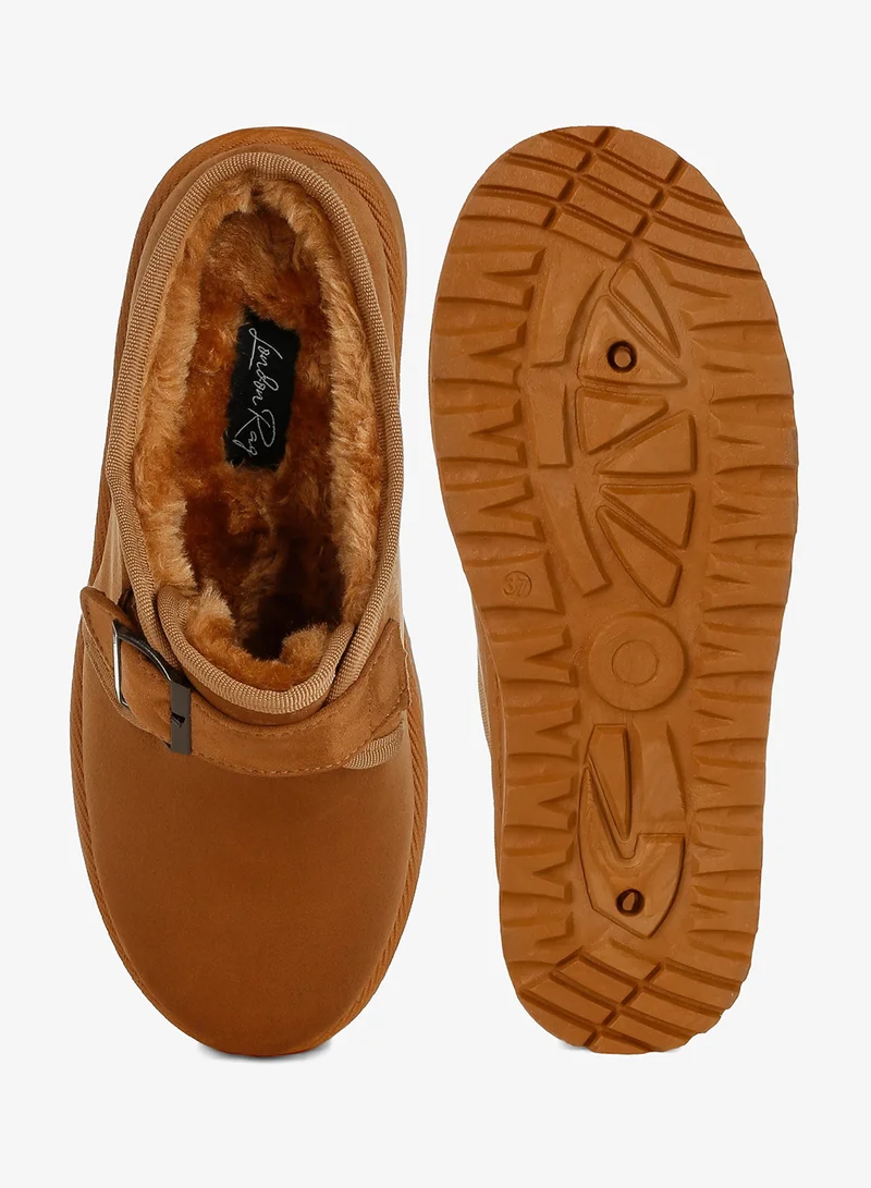 London Rag Tan Buckle Strap Fur Platform Classic Slip-On in Tan for Women | Best Price UAE