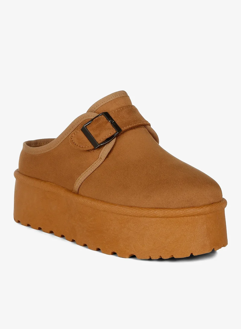 London Rag Tan Buckle Strap Fur Platform Classic Slip-On in Tan for Women | Best Price UAE