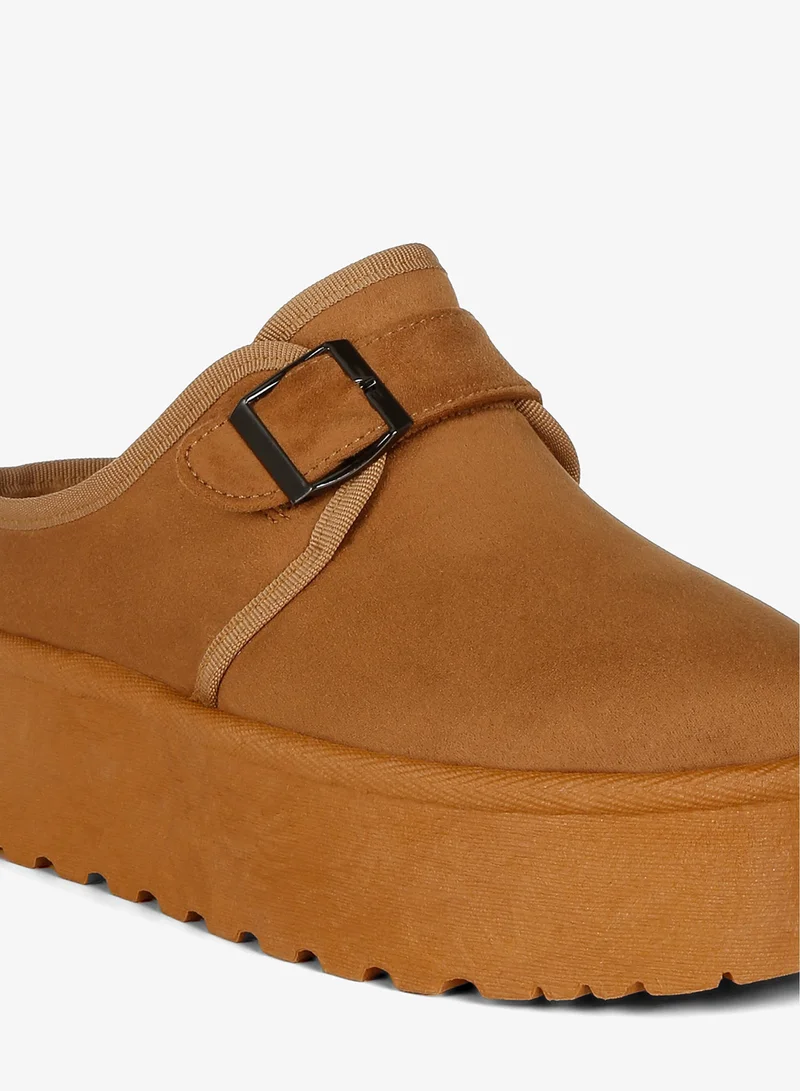 London Rag Tan Buckle Strap Fur Platform Classic Slip-On in Tan for Women | Best Price UAE