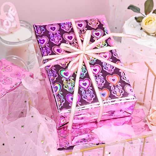 MAYPLUSS Holographic Heart Wrapping Paper Roll, Girly Romantic Metallic Rainbow Birthday Wrapping Paper for Valentine's Day Wrapping Paper, Wedding, Anniversary, Christmas, Party, Celebration (17 Inch X 33 Feet) - Image 5