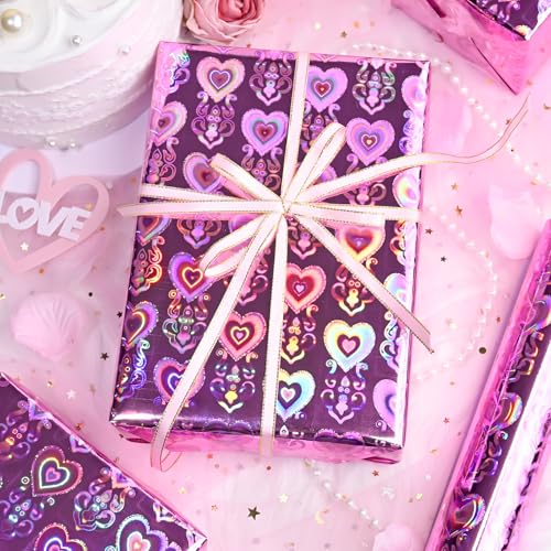 MAYPLUSS Holographic Heart Wrapping Paper Roll, Girly Romantic Metallic Rainbow Birthday Wrapping Paper for Valentine's Day Wrapping Paper, Wedding, Anniversary, Christmas, Party, Celebration (17 Inch X 33 Feet) - Image 2